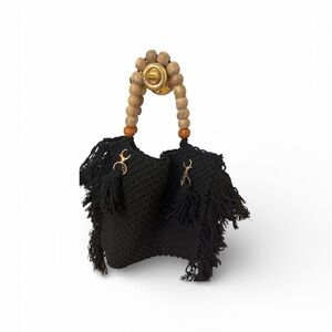 Black Fringe Handbag with Wooden Handle